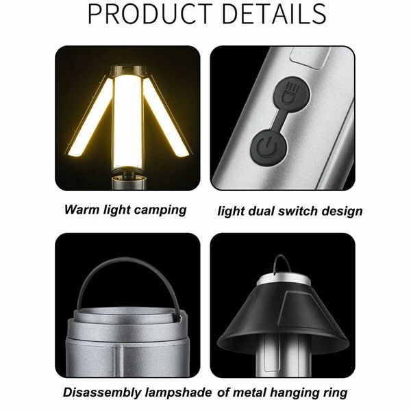 Portable Telescopic Camping Light Folding LED Flashlight 3 Head Rechargeable Outdoor Car Repair Work Camping Tent Light