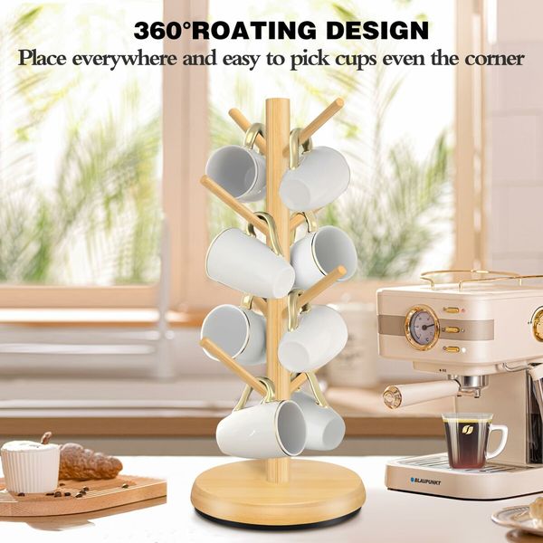 Mug Holder Tree,New Upgraded 360 Degree Rotated 8 Hooks Coffee Cup Holder,Wood Coffee Mug Rack Standing (Natural)