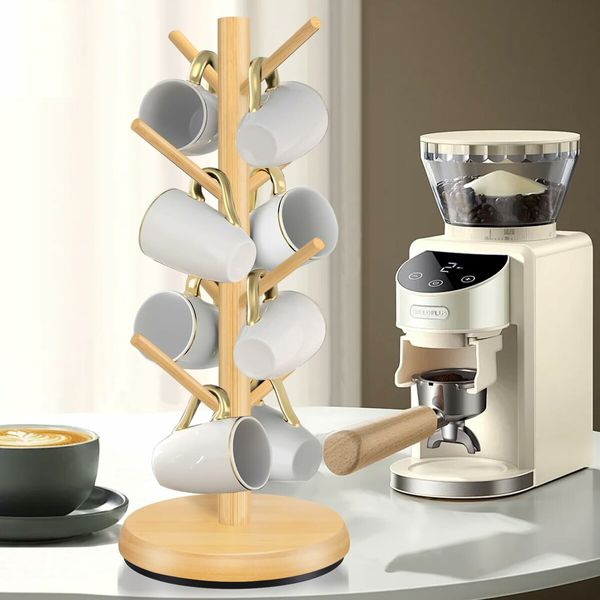 Mug Holder Tree,New Upgraded 360 Degree Rotated 8 Hooks Coffee Cup Holder,Wood Coffee Mug Rack Standing (Natural)