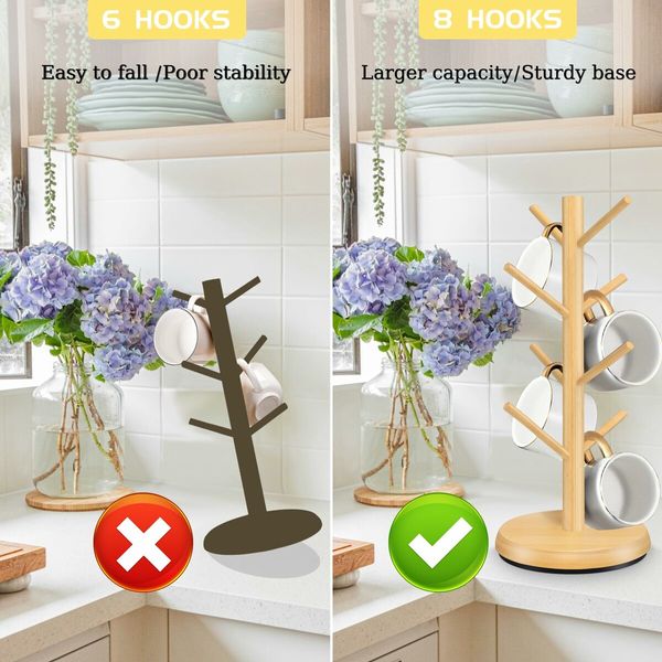 Mug Holder Tree,New Upgraded 360 Degree Rotated 8 Hooks Coffee Cup Holder,Wood Coffee Mug Rack Standing (Natural)