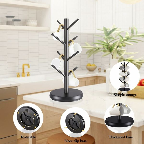 Mug Holder Tree,New Upgraded 360 Degree Rotated 8 Hooks Coffee Cup Holder,Wood Coffee Mug Rack Standing (Black)