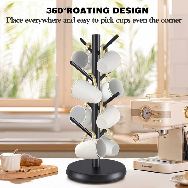 Mug Holder Tree,New Upgraded 360 Degree Rotated 8 Hooks Coffee Cup Holder,Wood Coffee Mug Rack Standing (Black)