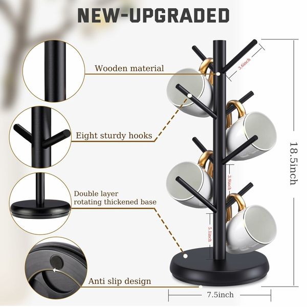 Mug Holder Tree,New Upgraded 360 Degree Rotated 8 Hooks Coffee Cup Holder,Wood Coffee Mug Rack Standing (Black)