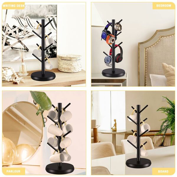 Mug Holder Tree,New Upgraded 360 Degree Rotated 8 Hooks Coffee Cup Holder,Wood Coffee Mug Rack Standing (Black)