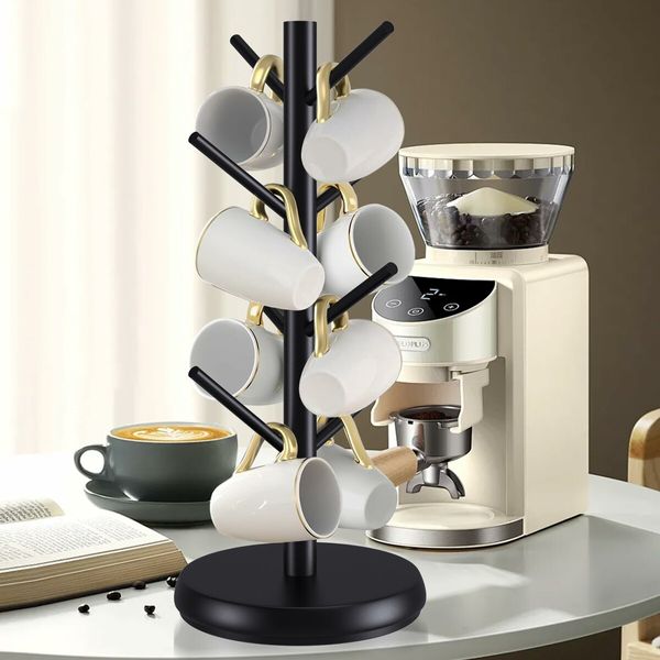 Mug Holder Tree,New Upgraded 360 Degree Rotated 8 Hooks Coffee Cup Holder,Wood Coffee Mug Rack Standing (Black)