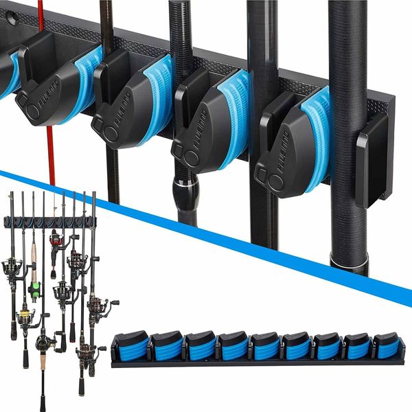 Vertical Wall Mounted Fishing Rod Rack,Fishing Pole Holder Holds Up to 9 Rods Combos,Fishing Rod Holders for Garage,Fits Most Rods