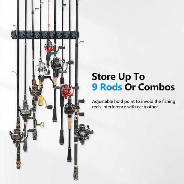 Vertical Wall Mounted Fishing Rod Rack,Fishing Pole Holder Holds Up to 9 Rods Combos,Fishing Rod Holders for Garage,Fits Most Rods