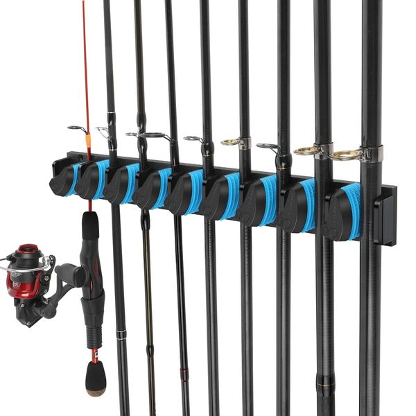 Vertical Wall Mounted Fishing Rod Rack,Fishing Pole Holder Holds Up to 9 Rods Combos,Fishing Rod Holders for Garage,Fits Most Rods