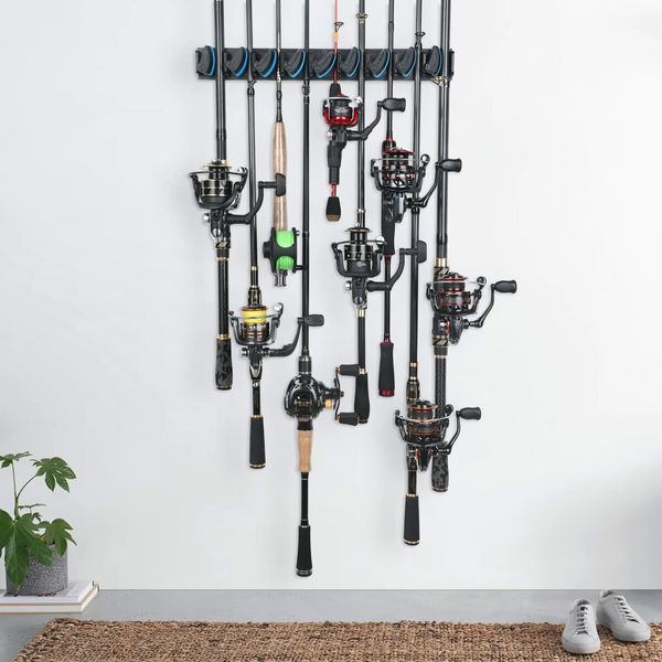 Vertical Wall Mounted Fishing Rod Rack,Fishing Pole Holder Holds Up to 9 Rods Combos,Fishing Rod Holders for Garage,Fits Most Rods