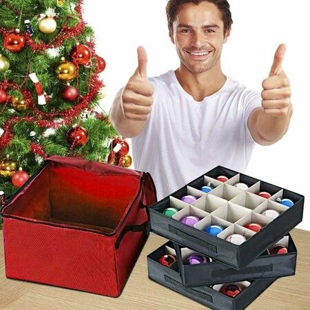 60D Cloth Durable Ornament Storage Box & Organizer with 3 Separate Removable Trays, Holds Up to 48 Xmas Balls, Red