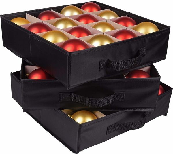 60D Cloth Durable Ornament Storage Box & Organizer with 3 Separate Removable Trays, Holds Up to 48 Xmas Balls, Red