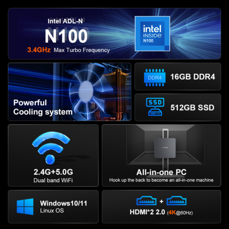 Ninkear N10 Mini PC, Intel N100 4 Cores Max 3.4GHz, 16GB RAM 512GB SSD, 2*HDMI 2.0 (4K@60Hz) Dual Display, 2.4/5GHz WiFi Bluetooth 5.0,