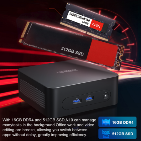 Ninkear N10 Mini PC, Intel N100 4 Cores Max 3.4GHz, 16GB RAM 512GB SSD, 2*HDMI 2.0 (4K@60Hz) Dual Display, 2.4/5GHz WiFi Bluetooth 5.0,