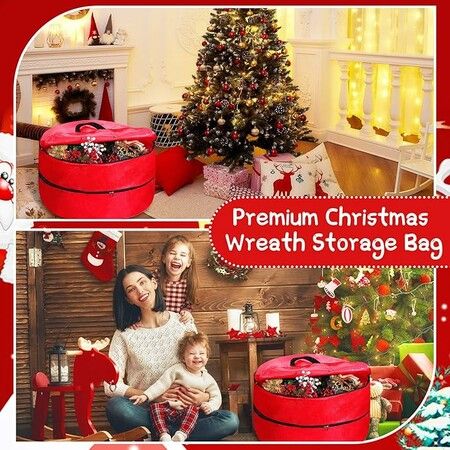 90*90*38cm Double Layer Christmas Wreath Storage Container Bags Zippered Wreath Bag with Handle Festive Wreath Storage Box  Xmas Wreath Garlands Red