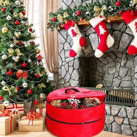 90*90*38cm Double Layer Christmas Wreath Storage Container Bags Zippered Wreath Bag with Handle Festive Wreath Storage Box  Xmas Wreath Garlands Red