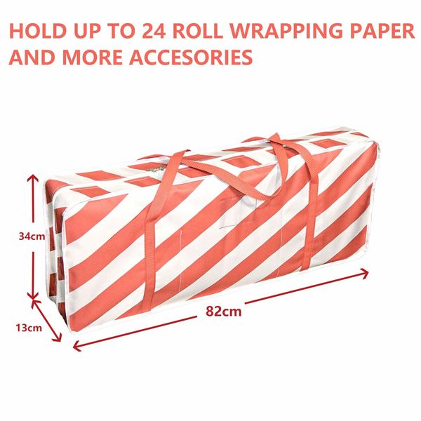 Wrapping Organizer Storage Bag,Christmas Ornament Wrapping Paper Organizer Storage with Three Isolation Nets for Christmas Ornament etc(Red Stripe)