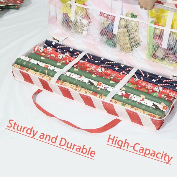 Wrapping Organizer Storage Bag,Christmas Ornament Wrapping Paper Organizer Storage with Three Isolation Nets for Christmas Ornament etc(Red Stripe)