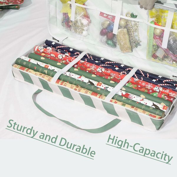 Wrapping Organizer Storage Bag,Christmas Ornament Wrapping Paper Organizer Storage with Three Isolation Nets for Christmas Ornament etc(Green Stripe)