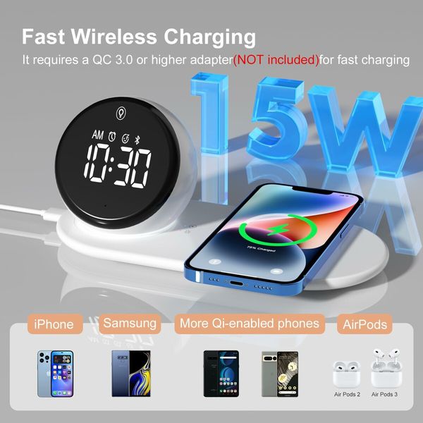 Digital LED Alarm Clock with Wireless Charging Station 3 Level Dimmer, USB Charging Port,Sleep Timer for Bedroom Desk