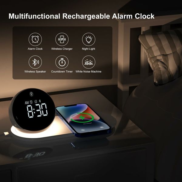 Digital LED Alarm Clock with Wireless Charging Station 3 Level Dimmer, USB Charging Port,Sleep Timer for Bedroom Desk