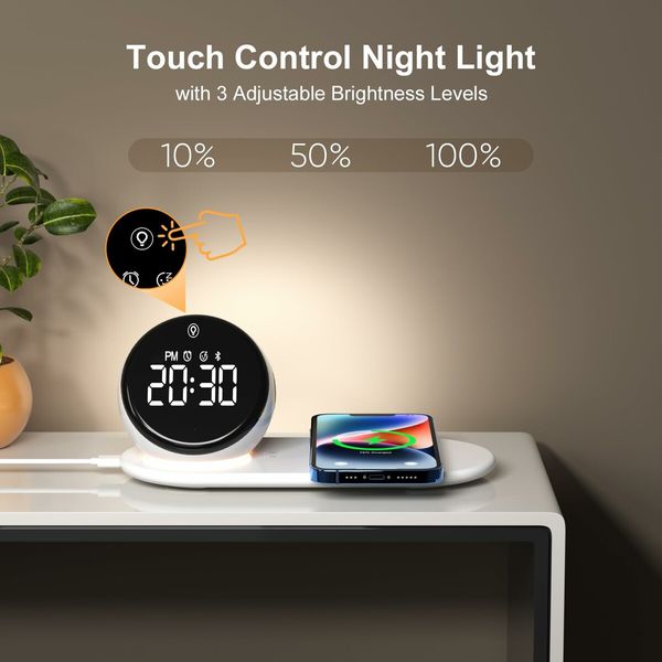 Digital LED Alarm Clock with Wireless Charging Station 3 Level Dimmer, USB Charging Port,Sleep Timer for Bedroom Desk