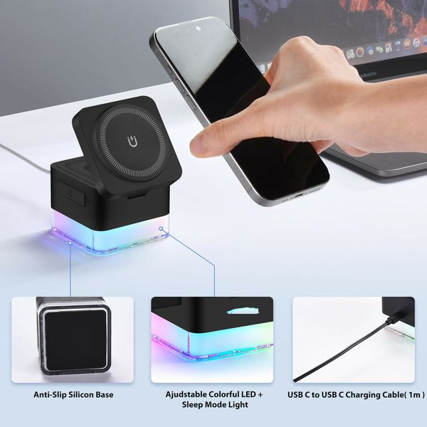 Wireless-Charger 3 in 1 Charging Station Cube with Nightlight Lamp Foldable Charger Charging Dock for iPhone 16/15/14/13/12/AirPods/Apple Watch(No Adapter)