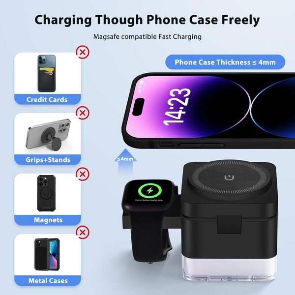 Wireless-Charger 3 in 1 Charging Station Cube with Nightlight Lamp Foldable Charger Charging Dock for iPhone 16/15/14/13/12/AirPods/Apple Watch(No Adapter)