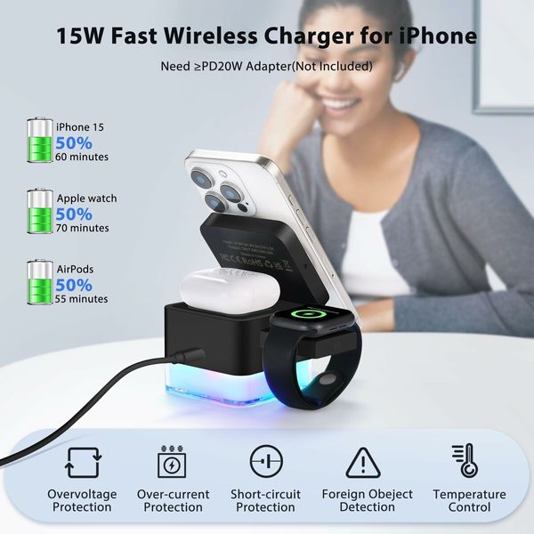 Wireless-Charger 3 in 1 Charging Station Cube with Nightlight Lamp Foldable Charger Charging Dock for iPhone 16/15/14/13/12/AirPods/Apple Watch(No Adapter)