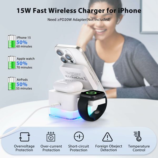 Wireless-Charger 3 in 1 Charging Station Cube with Nightlight Lamp Foldable Charger Charging Dock for iPhone 16/15/14/13/12/AirPods/Apple Watch(No Adapter)