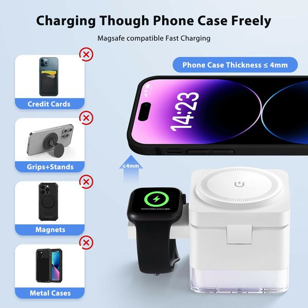 Wireless-Charger 3 in 1 Charging Station Cube with Nightlight Lamp Foldable Charger Charging Dock for iPhone 16/15/14/13/12/AirPods/Apple Watch(No Adapter)