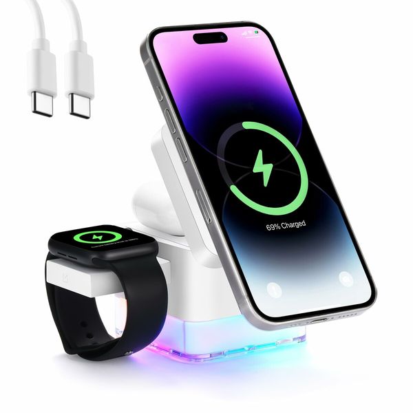 Wireless-Charger 3 in 1 Charging Station Cube with Nightlight Lamp Foldable Charger Charging Dock for iPhone 16/15/14/13/12/AirPods/Apple Watch(No Adapter)