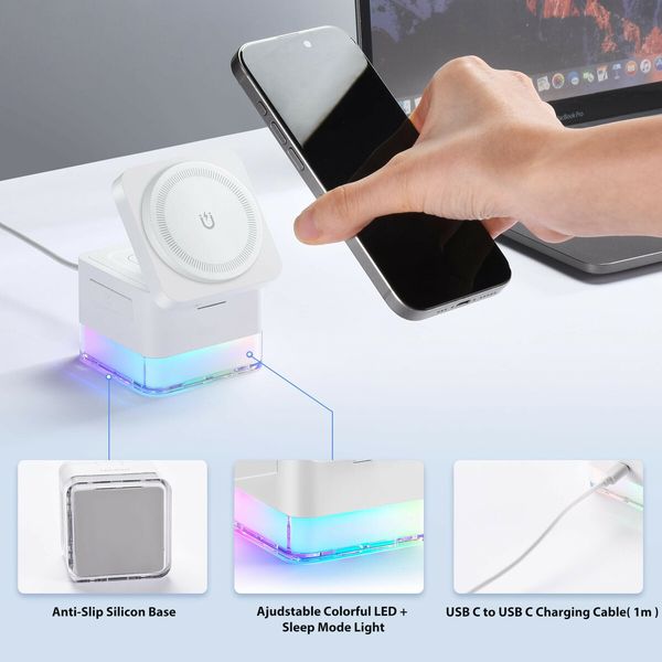 Wireless-Charger 3 in 1 Charging Station Cube with Nightlight Lamp Foldable Charger Charging Dock for iPhone 16/15/14/13/12/AirPods/Apple Watch(No Adapter)