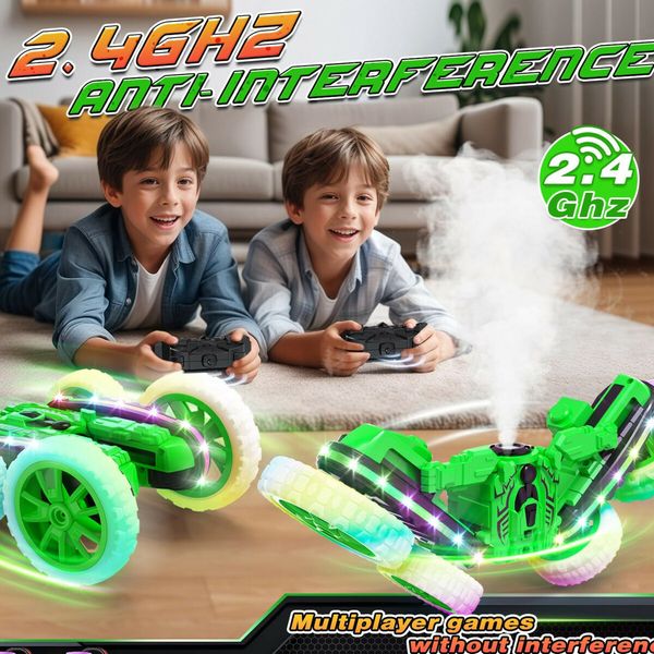 Remote Control Car with Sides Light and Headlights,360 Degree Rotating 4WD Spray 2.4Ghz All Terrain Toy Car for Age 4-7-Green