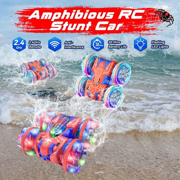 Amphibious Remote Control Car Spider Double Sided 360 Degree Flip Rotating 4WD Waterproof RC Stunt Car with Light Pool Toy