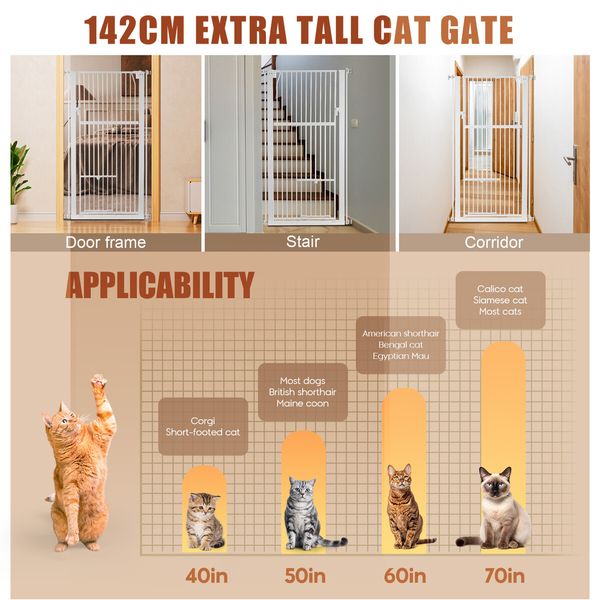 Safety Gate Pet Dog Cat Security Extra Tall Retractable Fence Enclosure Guard Kitchen Doorway Stairs Barrier with Walk Through Door 142cm Height