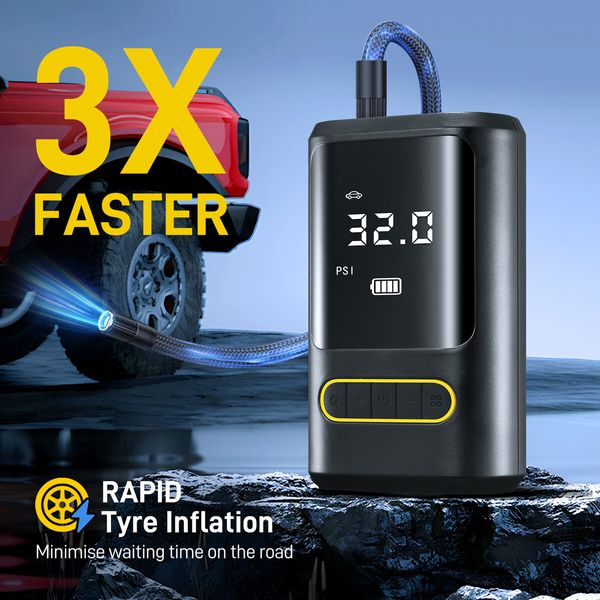 Air Compressor Pump Portable Car Tyre Inflator Cordless Compact Bike Ball Bicycle Motorcycle Tire Inflation Device Power Bank with Auto Stop LED LCD