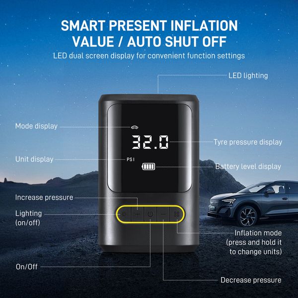 Air Compressor Pump Portable Car Tyre Inflator Cordless Compact Bike Ball Bicycle Motorcycle Tire Inflation Device Power Bank with Auto Stop LED LCD