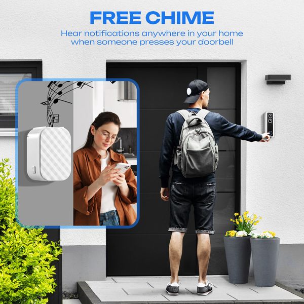 Video Doorbell Camera Smart Wireless 2K HD Security Door Bell Motion Detection Chime Night Vision Two Way Audio Cloud Storage Rechargeable Battery