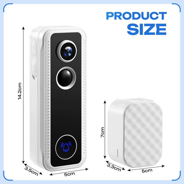 Video Doorbell Camera Smart Wireless 2K HD Security Door Bell Motion Detection Chime Night Vision Two Way Audio Cloud Storage Rechargeable Battery