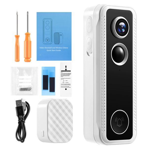 Video Doorbell Camera Smart Wireless 2K HD Security Door Bell Motion Detection Chime Night Vision Two Way Audio Cloud Storage Rechargeable Battery