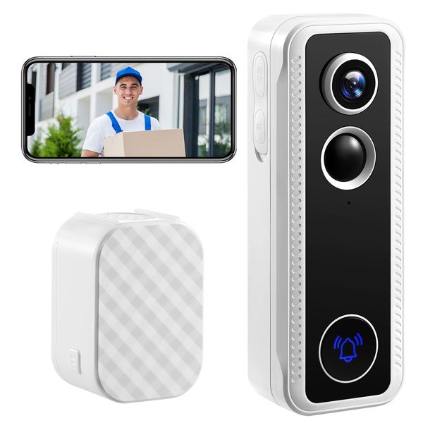 Video Doorbell Camera Smart Wireless 2K HD Security Door Bell Motion Detection Chime Night Vision Two Way Audio Cloud Storage Rechargeable Battery