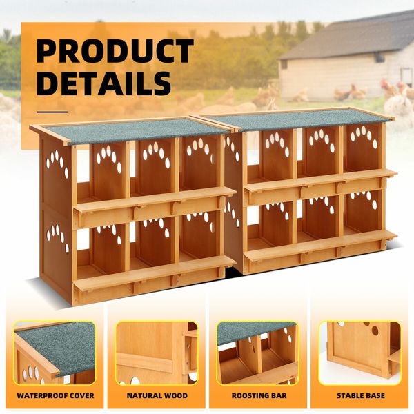 2 Layer Wood Chicken Nesting Box 6 Hole Chook Hen Laying Boxes Duck Poultry Coop House Egg Nest Hatch Perch Brooder Breeding Waterproof Lid