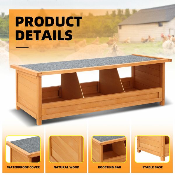 3 Hole Wooden Nesting Box Chicken House Hen Chook Laying Boxes Duck Poultry Egg Nest Brooder Coop Breeding Hatch Roost Perch Waterproof Lid