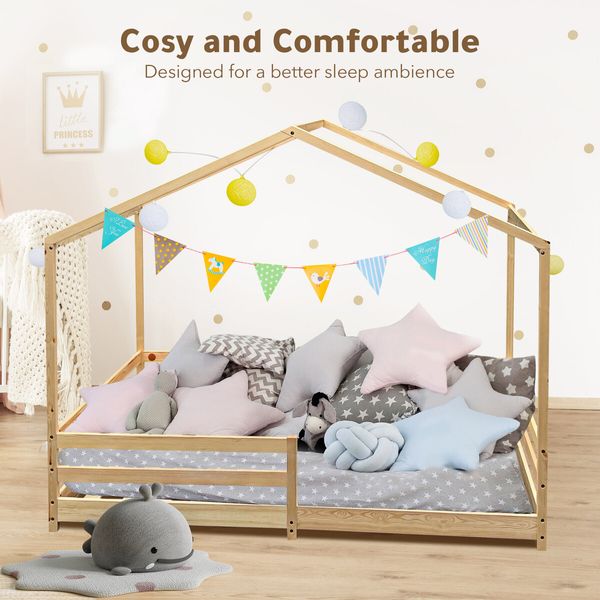 Childrens Bed Frame Base Toddler Single Size House Shape Floor Wooden Mattress Platform Foundation Bedroom Furniture with Guard Rail