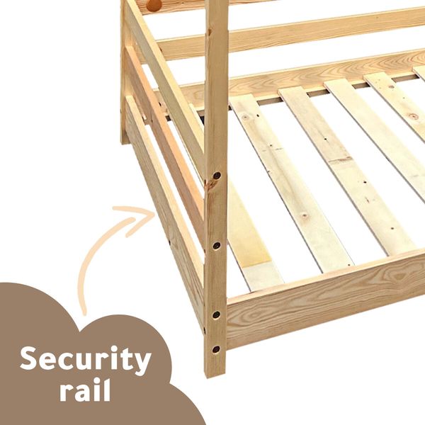 Childrens Bed Frame Base Toddler Single Size House Shape Floor Wooden Mattress Platform Foundation Bedroom Furniture with Guard Rail