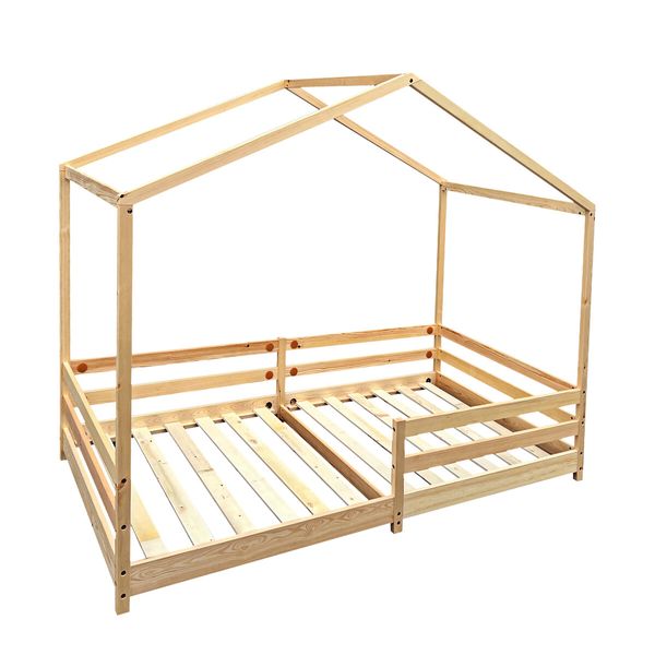 Childrens Bed Frame Base Toddler Single Size House Shape Floor Wooden Mattress Platform Foundation Bedroom Furniture with Guard Rail