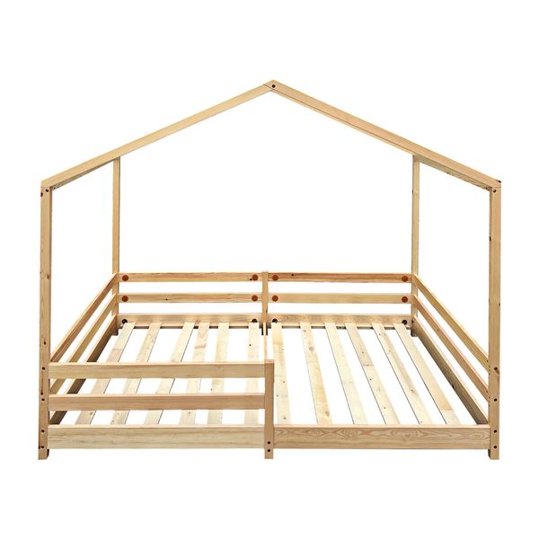 Childrens Bed Frame Base Toddler Single Size House Shape Floor Wooden Mattress Platform Foundation Bedroom Furniture with Guard Rail