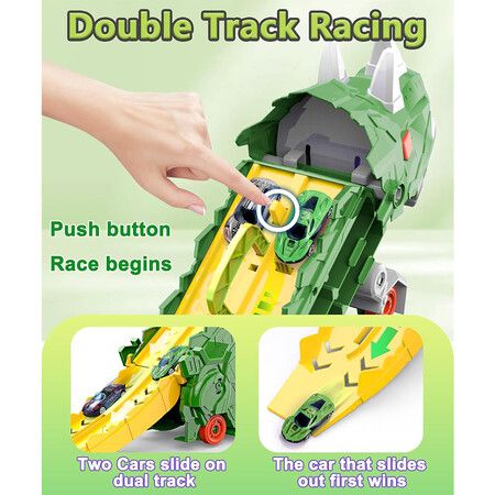 Dinosaur Truck Toys for Kids, Transforms into Triceratops with Race Track Set Toys for Boys 3 4 5 6 7 8 Years Old Green