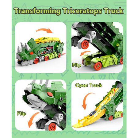 Dinosaur Truck Toys for Kids, Transforms into Triceratops with Race Track Set Toys for Boys 3 4 5 6 7 8 Years Old Green