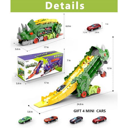 Dinosaur Truck Toys for Kids, Transforms into Triceratops with Race Track Set Toys for Boys 3 4 5 6 7 8 Years Old Green